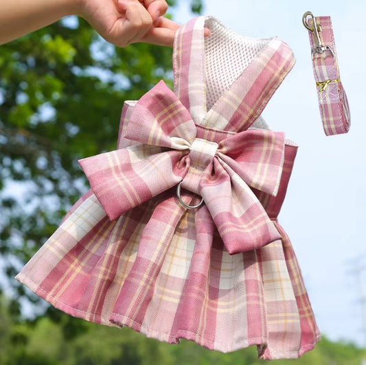 Ribbon dress dog harness(Comes with Matching leash, available in Pink and Blue color)