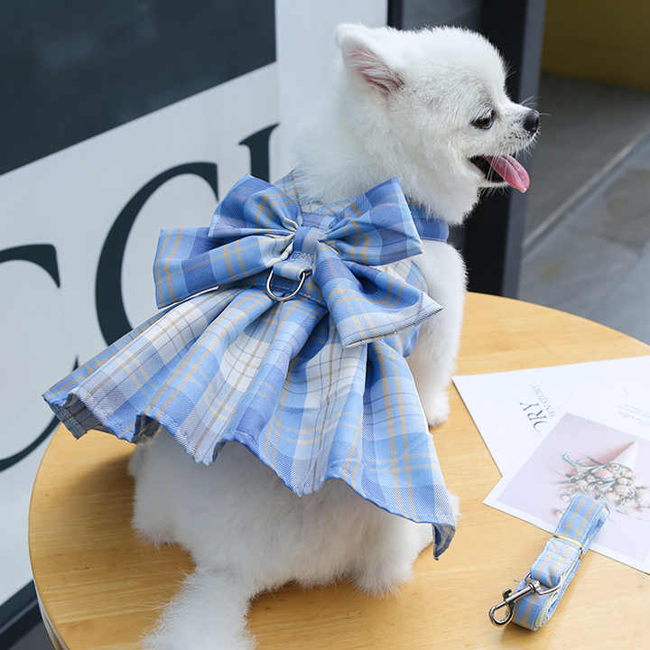 Ribbon dress dog harness(Comes with Matching leash, available in Pink and Blue color)