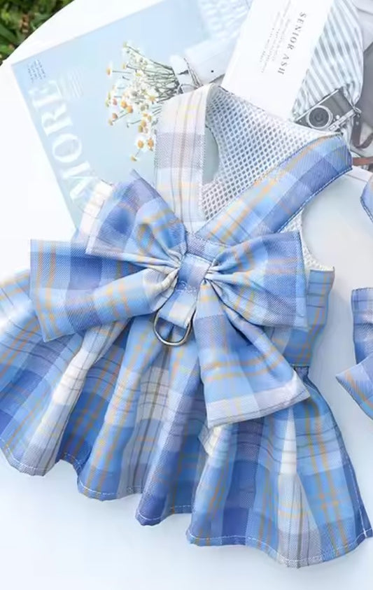 Ribbon dress dog harness(Comes with Matching leash, available in Pink and Blue color)